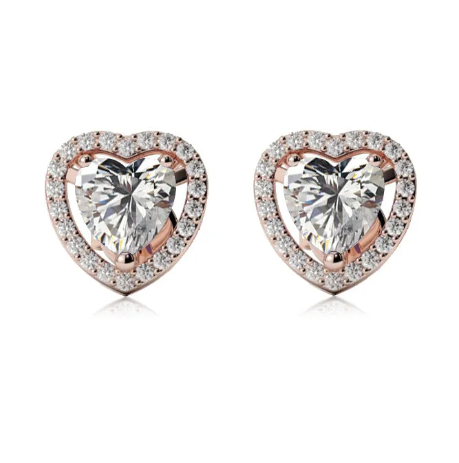 10k Rose Gold Plated 2 Ct Created Halo Heart White Sapphire Stud Earrings