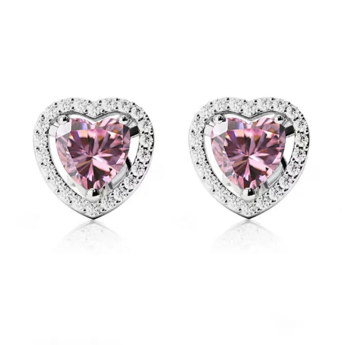 10k White Gold Plated 1/2 Ct Created Halo Heart Pink Sapphire Stud Earrings