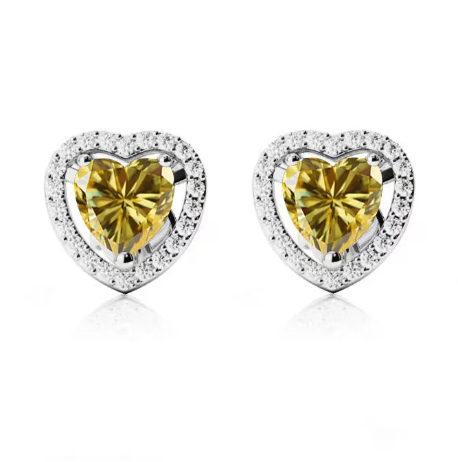 10k White Gold Plated 1/2 Ct Created Halo Heart Yellow Sapphire Stud Earrings