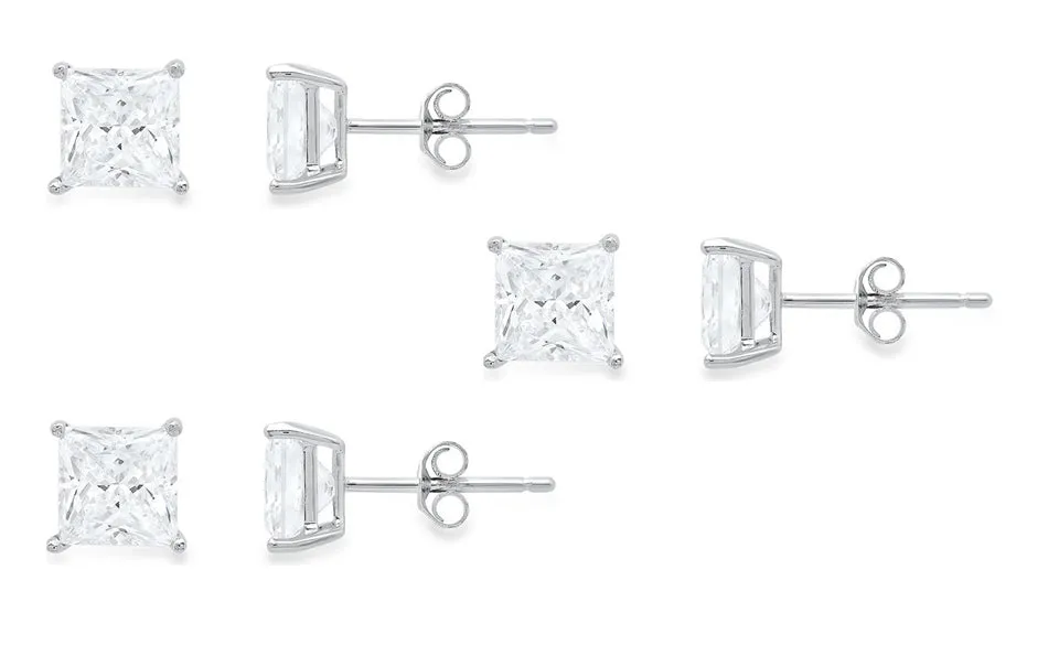 10k White Gold Plated Created White Sapphire 1/2Ct Princess Cut Set Of Three Stud Earrings