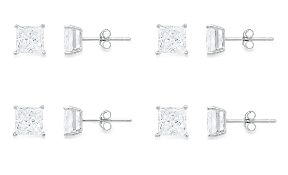10k White Gold Plated Created White Sapphire 2Ct Princess Cut Set Of Four Stud Earrings