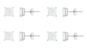 10k White Gold Plated Created White Sapphire 4Ct Princess Cut Set Of Four Stud Earrings