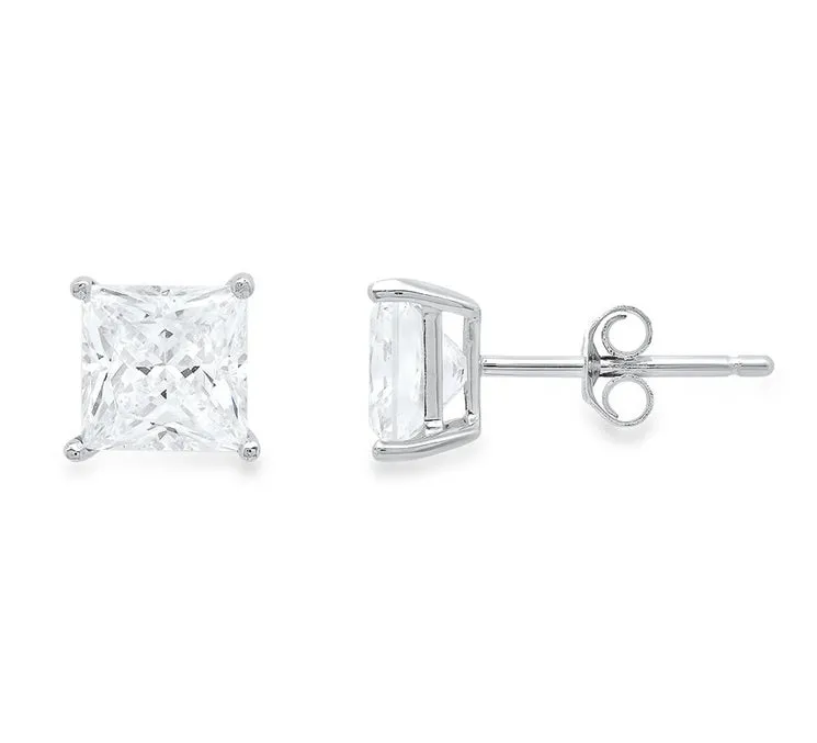 10k White Gold Plated Created White Sapphire 4Ct Princess Cut Stud Earrings