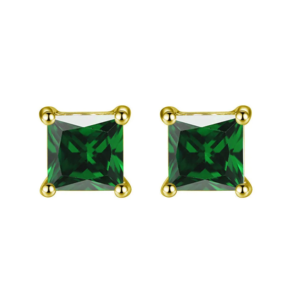 10k Yellow Gold Plated 1 Ct Square Created Emerald Stud Earrings