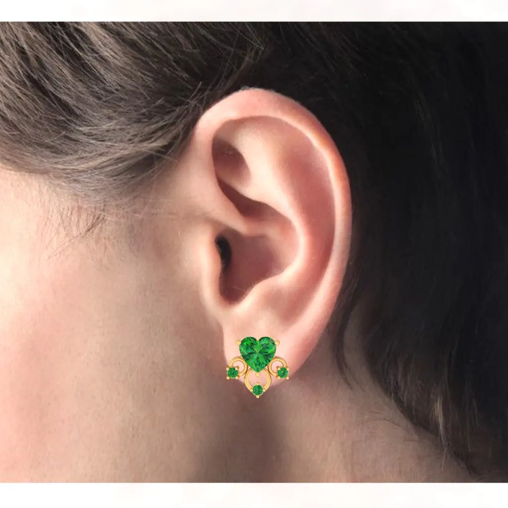 14k Love Shaped Gold Earrings With Green Stones