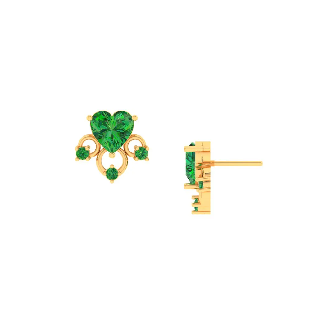 14k Love Shaped Gold Earrings With Green Stones