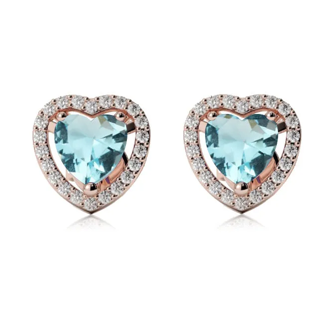 14k Rose Gold Plated 2 Ct Created Halo Heart Aquamarine Stud Earrings