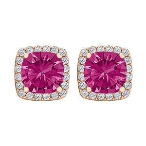 14k Rose Gold Plated 3 Carat Square Created Halo Sapphire Stud Earrings