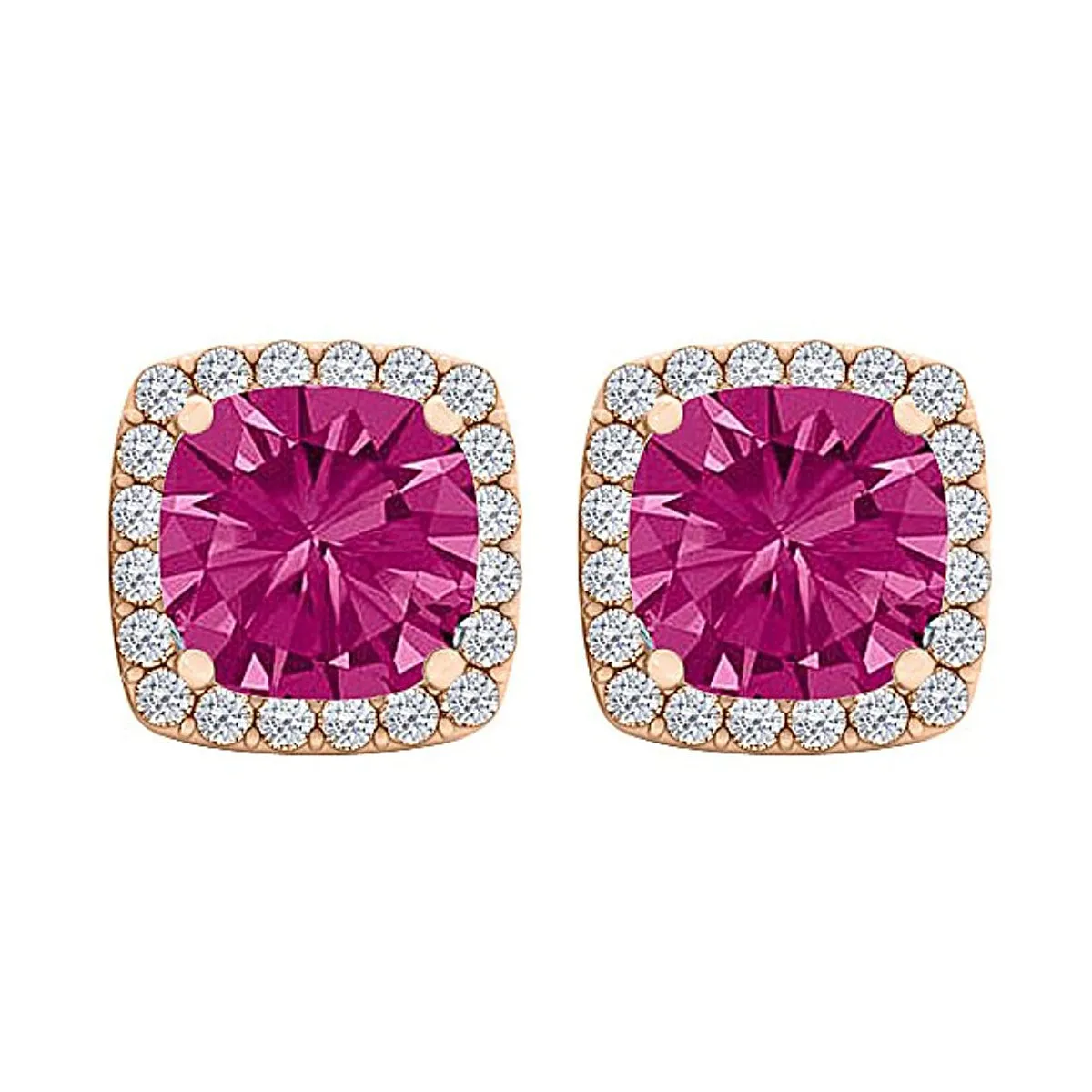 14k Rose Gold Plated 3 Carat Square Created Halo Sapphire Stud Earrings