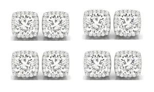 14k White Gold 4mm 3Ct Cushion Cut White Sapphire Set Of Four Halo Stud Earrings Plated