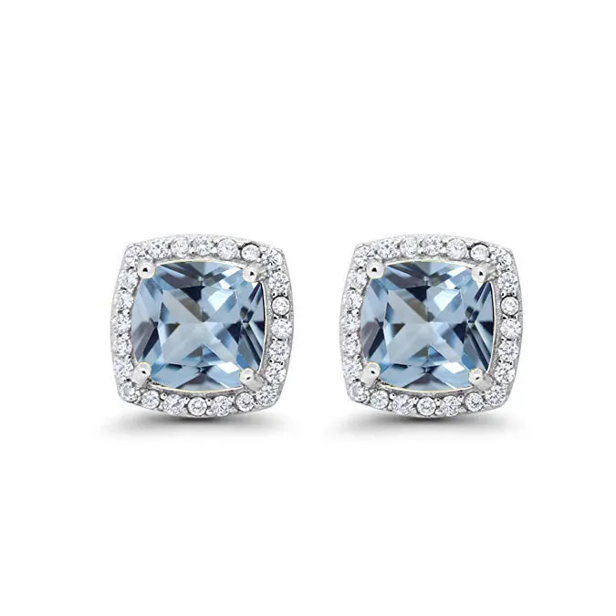14k White Gold Plated 1 Ct Created Halo Princess Cut Aquamarine Stud Earrings