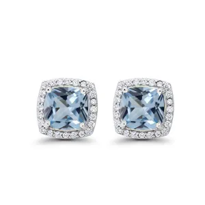 14k White Gold Plated 1 Ct Created Halo Princess Cut Aquamarine Stud Earrings