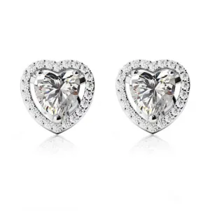 14k White Gold Plated 1/2 Ct Created Halo Heart White Sapphire Stud Earrings