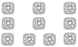 14k White Gold Plated 1Ct Square Cut White Sapphire Set of Five Halo Stud Earrings