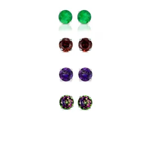 14k White Gold Plated 2Ct Created Emerald, Garnet, Amethyst and Mystic Topaz 4 Pair Round Stud Earrings