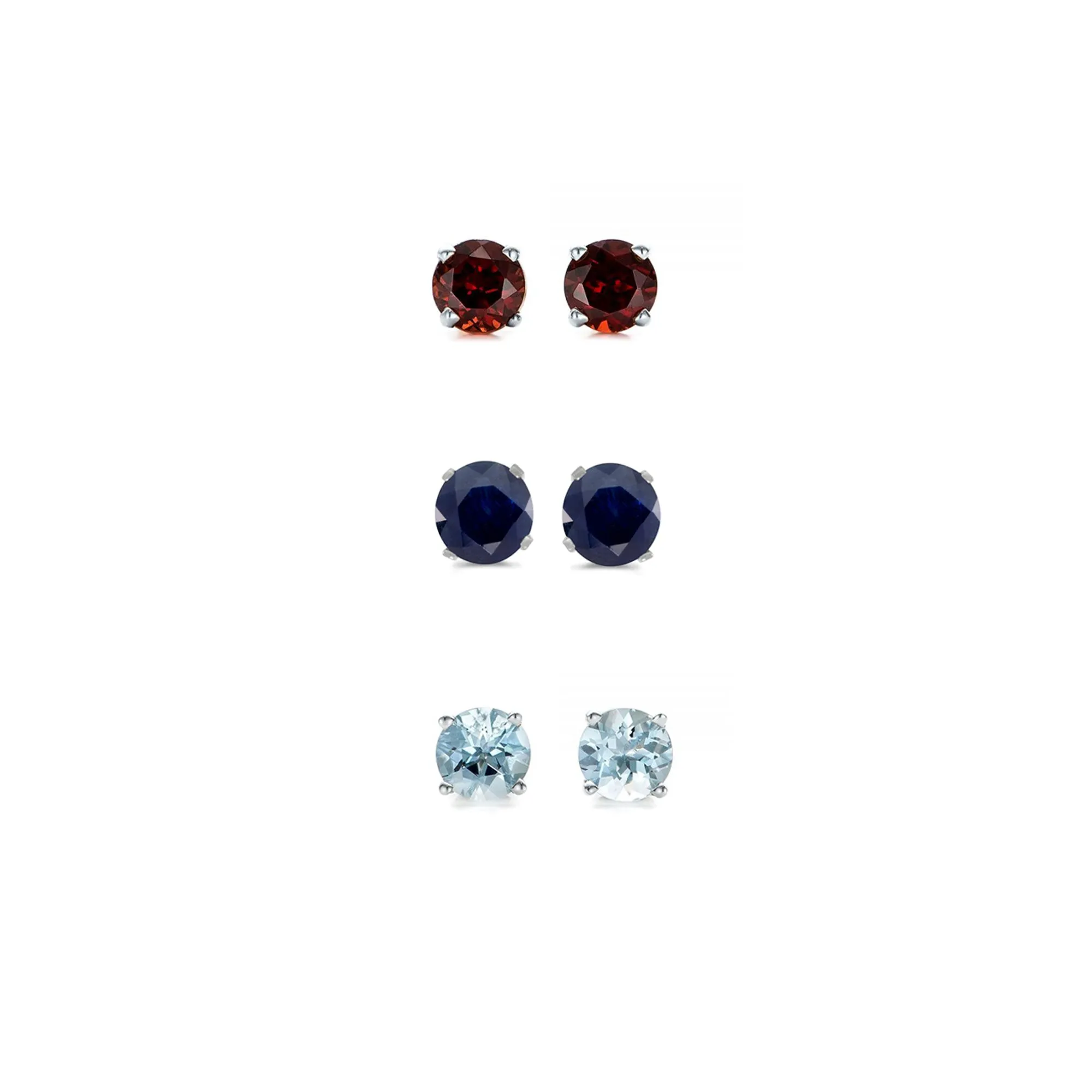 14k White Gold Plated 2Ct Created Garnet, Black Sapphire and Aquamarine 3 Pair Round Stud Earrings