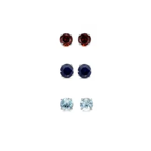 14k White Gold Plated 2Ct Created Garnet, Black Sapphire and Aquamarine 3 Pair Round Stud Earrings