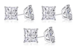 14k White Gold Plated 2Ct Princess Cut White Sapphire Set Of Three Stud Earrings