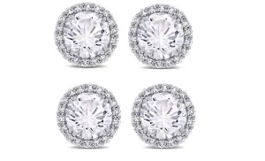 14k White Gold Plated 2Ct Round White Sapphire Set Of Two Halo Stud Earrings