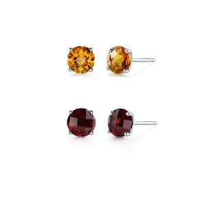 14k White Gold Plated 3Ct Created Citrine and Garnet 2 Pair Round Stud Earrings