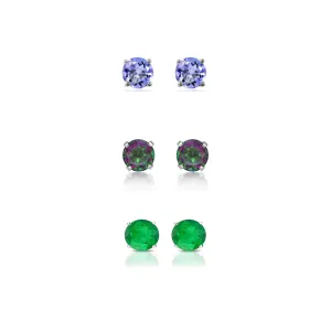14k White Gold Plated 3Ct Created Tanzanite, Mystic Topaz and Emerald 3 Pair Round Stud Earrings