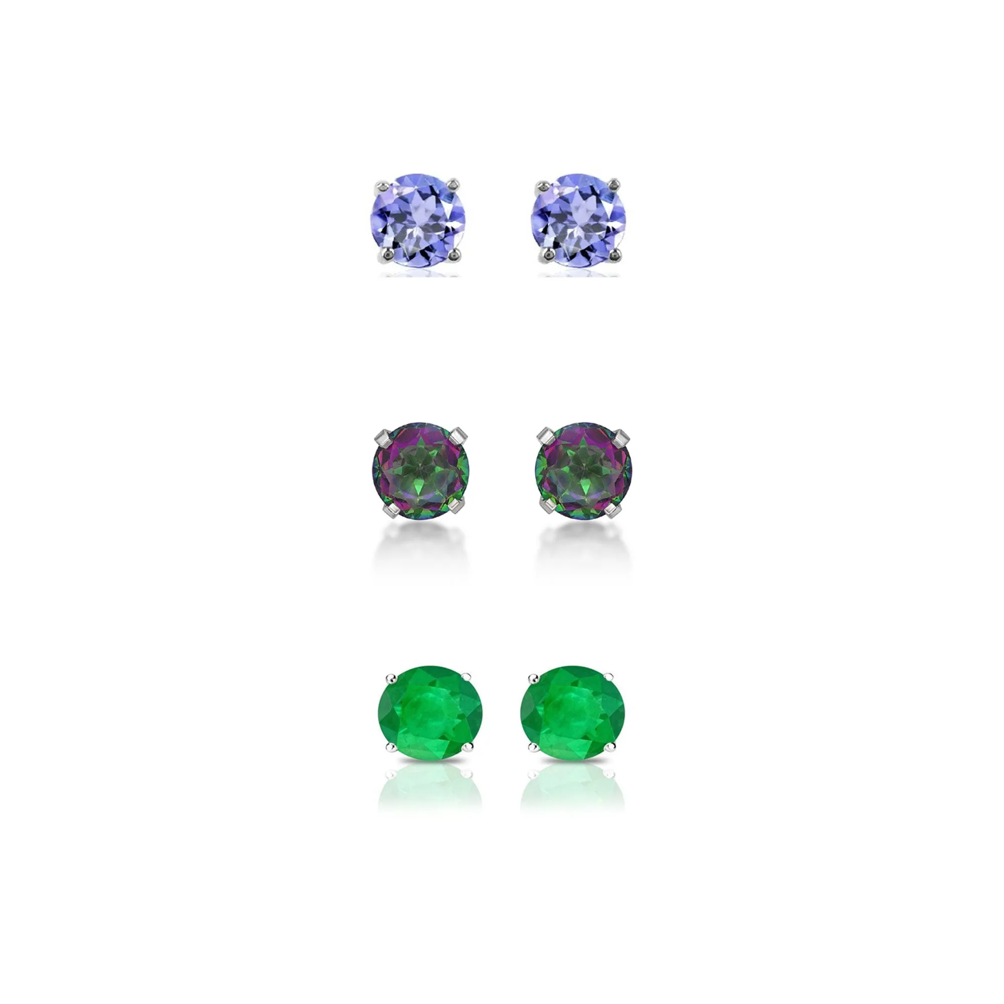 14k White Gold Plated 3Ct Created Tanzanite, Mystic Topaz and Emerald 3 Pair Round Stud Earrings