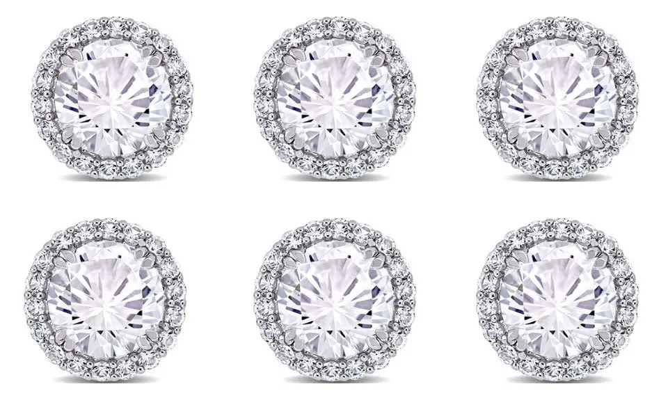 14k White Gold Plated 3Ct Round White Sapphire Set Of Three Halo Stud Earrings