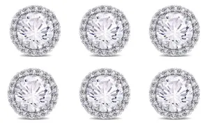 14k White Gold Plated 3Ct Round White Sapphire Set Of Three Halo Stud Earrings