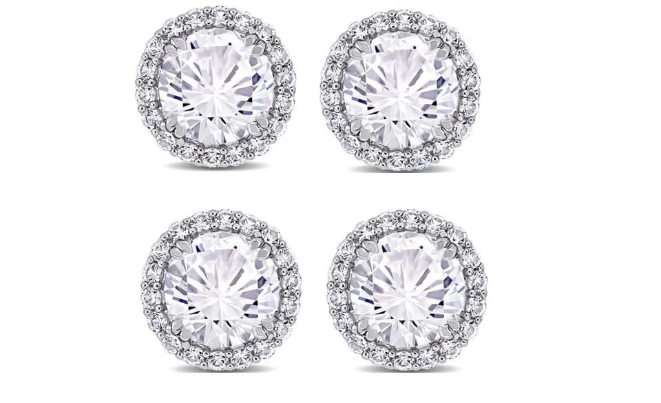 14k White Gold Plated 3Ct Round White Sapphire Set Of Two Halo Stud Earrings