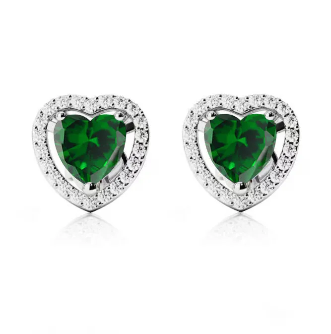 14k White Gold Plated 4 Ct Created Halo Heart Emerald Stud Earrings