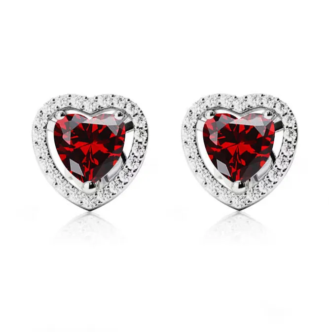 14k White Gold Plated 4 Ct Created Halo Heart Garnet Stud Earrings