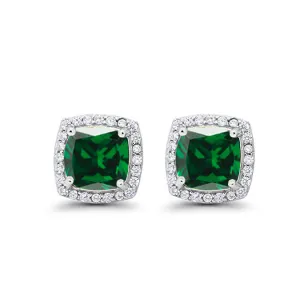 14k White Gold Plated 4 Ct Created Halo Princess Cut Emerald Stud Earrings