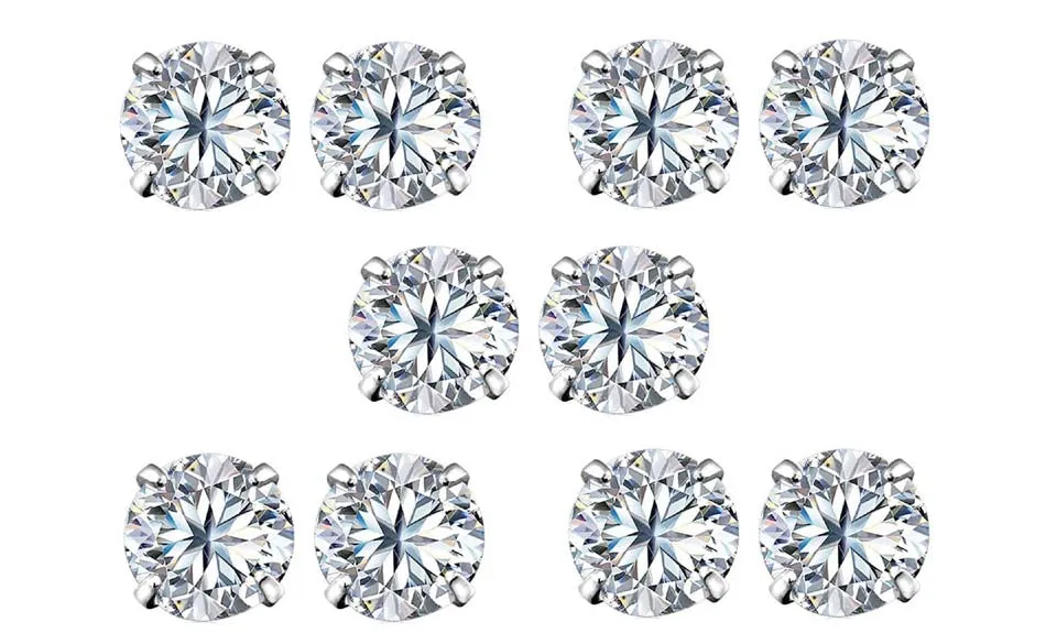 14k White Gold Plated 4Ct Round White Sapphire Set Of Five Stud Earrings