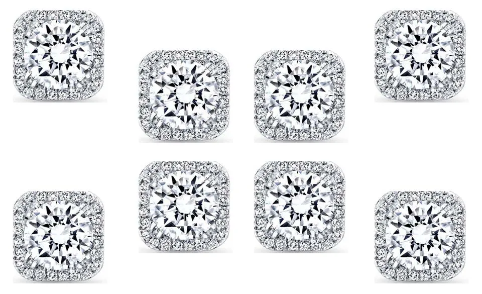 14k White Gold Plated 4Ct Square Cut White Sapphire Set of Four Halo Stud Earrings
