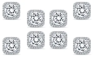 14k White Gold Plated 4Ct Square Cut White Sapphire Set of Four Halo Stud Earrings