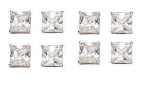 14k White Gold Plated 4Ct Square Cut White Sapphire Set Of Four Stud Earrings