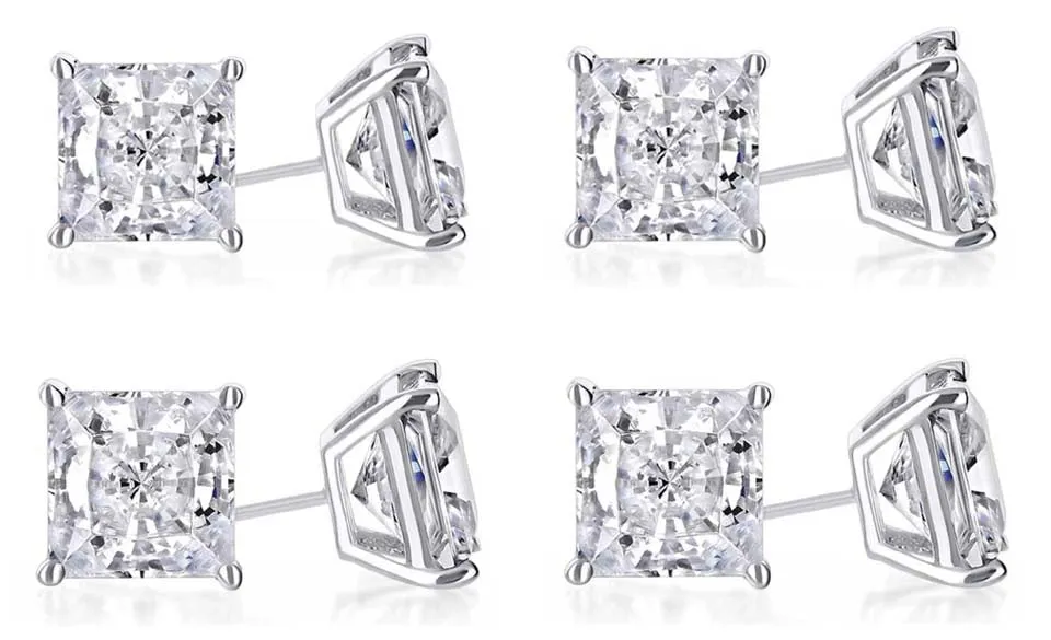 14k White Gold Plated 4mm 1/2Ct Princess Cut White Sapphire Set Of Four Stud Earrings