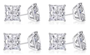 14k White Gold Plated 4mm 1/2Ct Princess Cut White Sapphire Set Of Four Stud Earrings