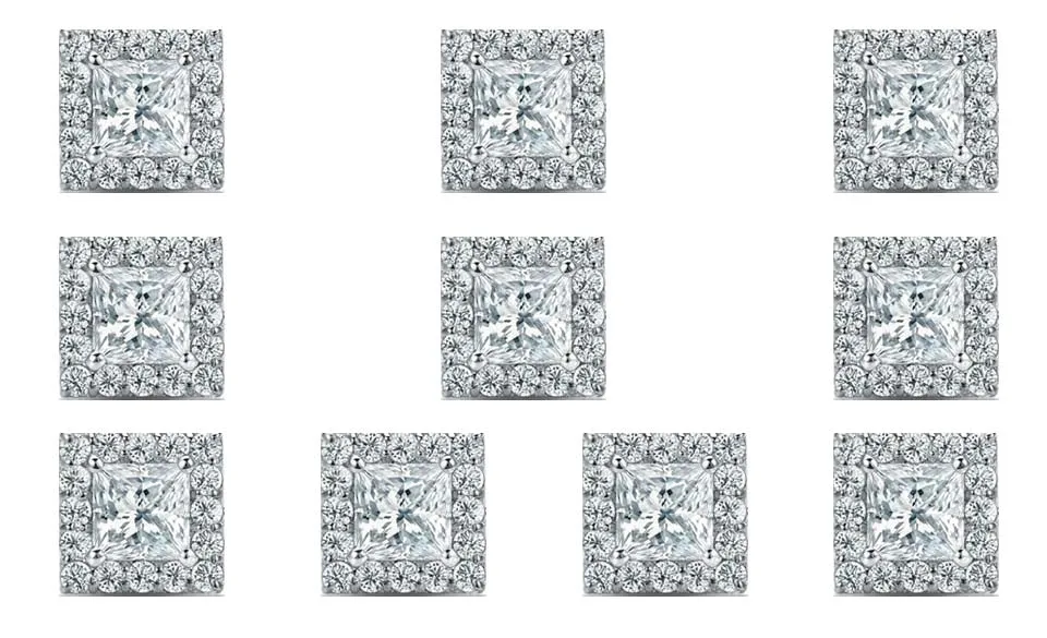 14k White Gold Plated 4mm 1Ct Princess Cut White Sapphire Set of Five Halo Stud Earrings