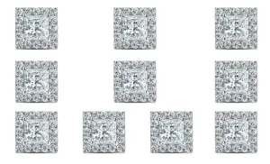 14k White Gold Plated 4mm 1Ct Princess Cut White Sapphire Set of Five Halo Stud Earrings