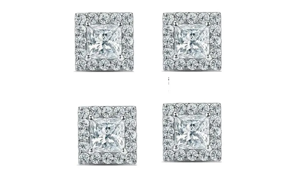 14k White Gold Plated 4mm 2Ct Princess Cut White Sapphire Set of Two Halo Stud Earrings