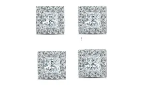 14k White Gold Plated 4mm 2Ct Princess Cut White Sapphire Set of Two Halo Stud Earrings