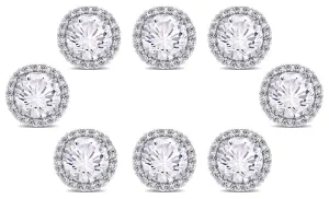 14k White Gold Plated 4mm 2Ct Round White Sapphire Set Of Four Halo Stud Earrings