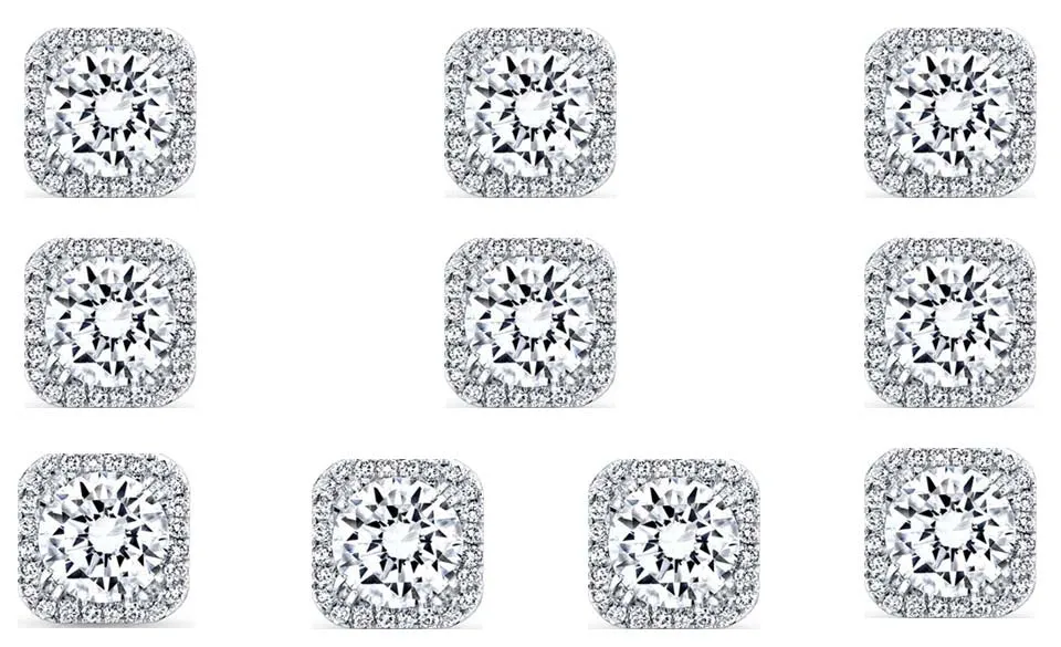 14k White Gold Plated 4mm 3Ct Square Cut White Sapphire Set of Five Halo Stud Earrings
