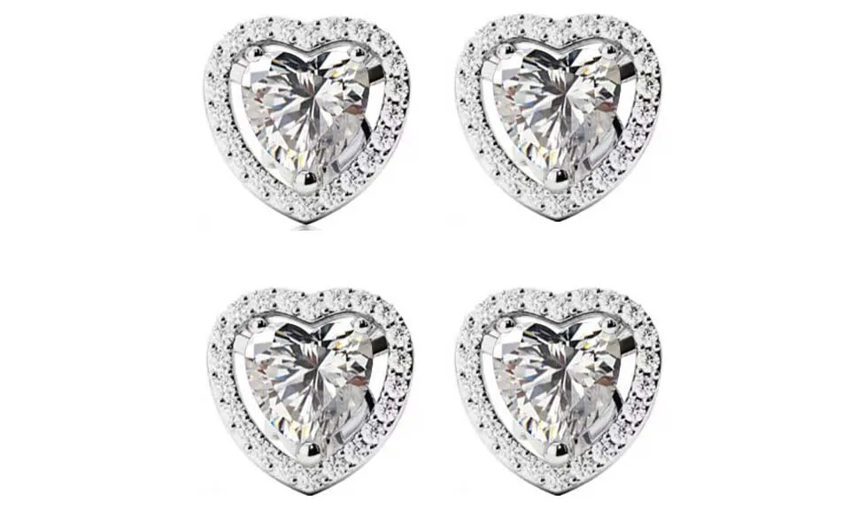 14k White Gold Plated 4mm 4Ct Heart White Sapphire Set of Two Halo Stud Earrings