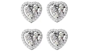 14k White Gold Plated 4mm 4Ct Heart White Sapphire Set of Two Halo Stud Earrings