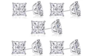 14k White Gold Plated 4mm 4Ct Princess Cut White Sapphire Set Of Five Stud Earrings