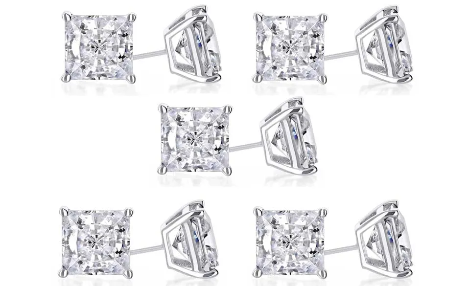 14k White Gold Plated 4mm 4Ct Princess Cut White Sapphire Set Of Five Stud Earrings