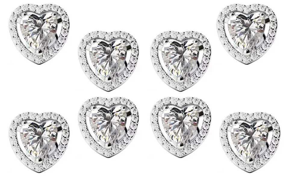 14k White Gold Plated 6mm 1/2Ct Heart White Sapphire Set of Four Halo Stud Earrings
