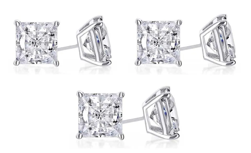 14k White Gold Plated 6mm 2Ct Princess Cut White Sapphire Set Of Three Stud Earrings